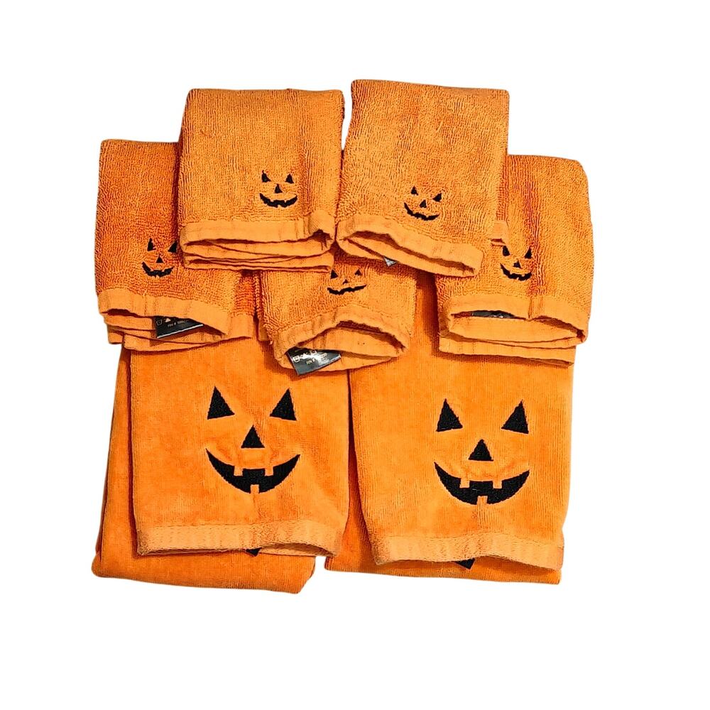 Casaba Orange Embroidered Black Jack O Lantern Face Hand Towel Washcloth Lot7